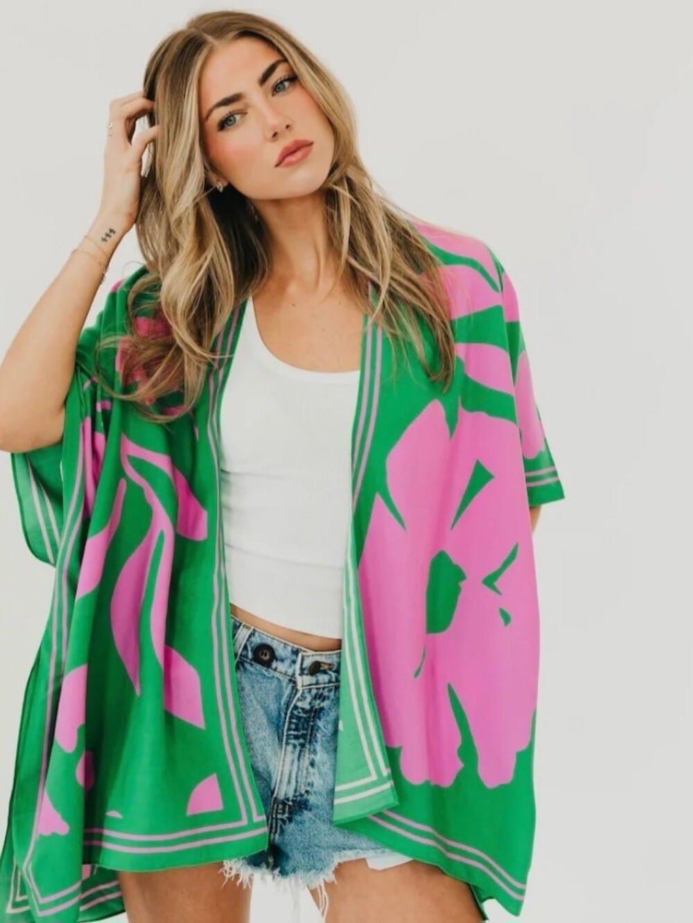 Green & Pink Floral Kimono Wrap